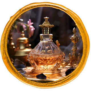 An Arabic-style glass perfume bottle displayed on a tabletop.