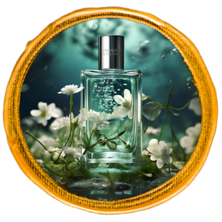 An aquatic-scented perfume bottle submerged underwater, encircled by petite white blossoms.