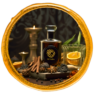 An aromatic perfume bottle infused with resinous notes, surrounded by fragrant spices and decorative candles.