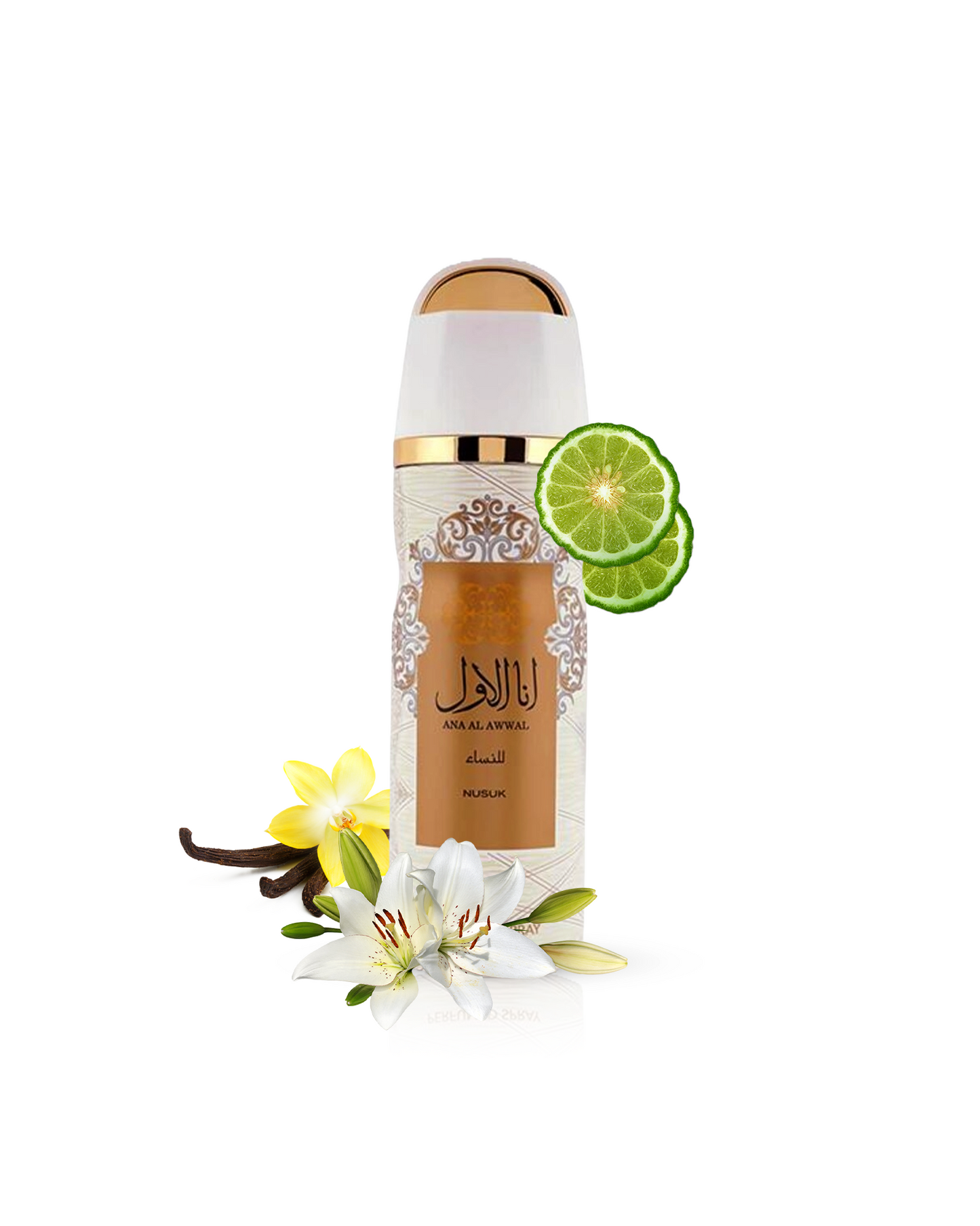 Ana al Awal deodorant Bottle showcased amidst its captivating ingredients of lime, vanilla and lilly of velly.