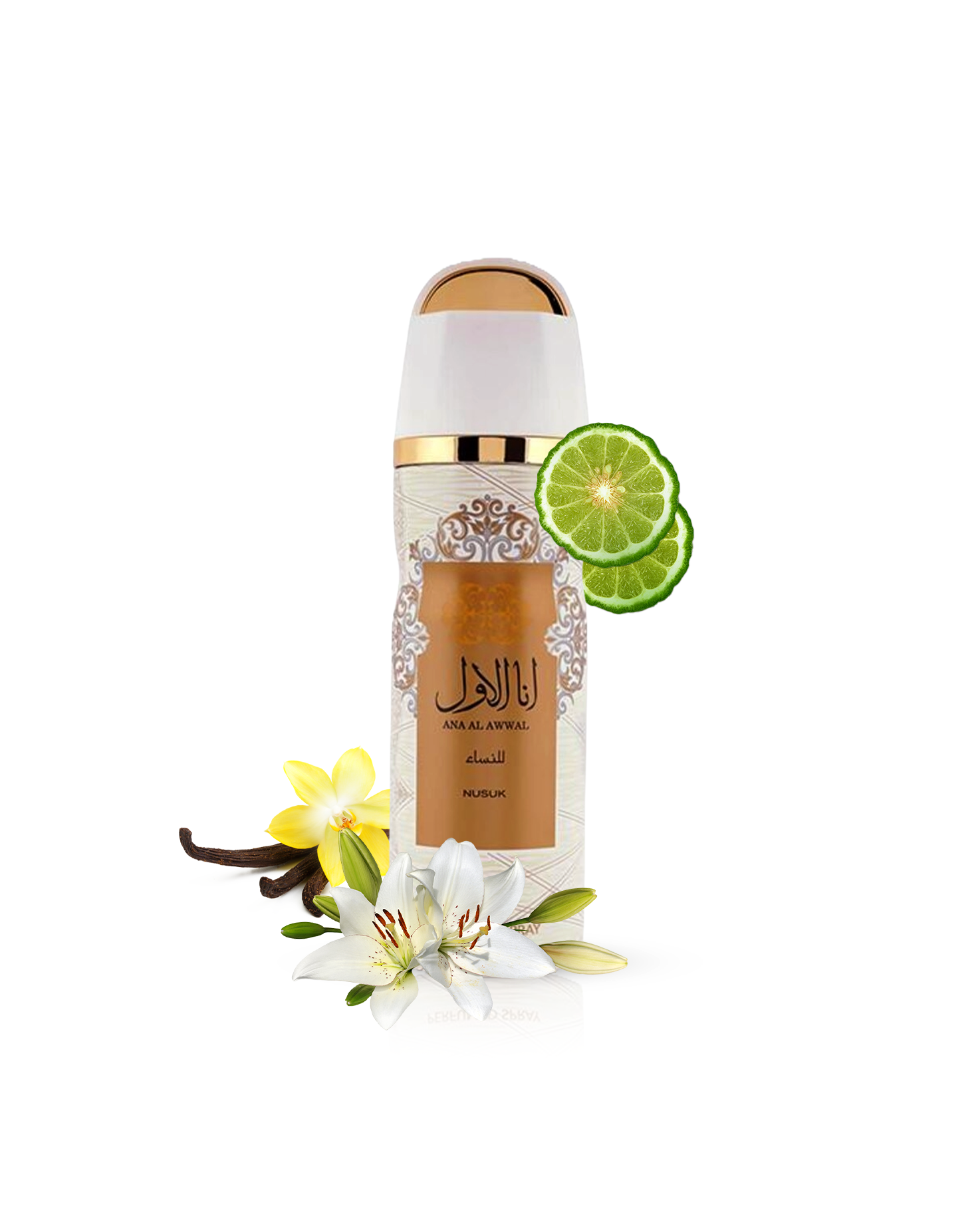 Ana al Awal deodorant Bottle showcased amidst its captivating ingredients of lime, vanilla and lilly of velly.