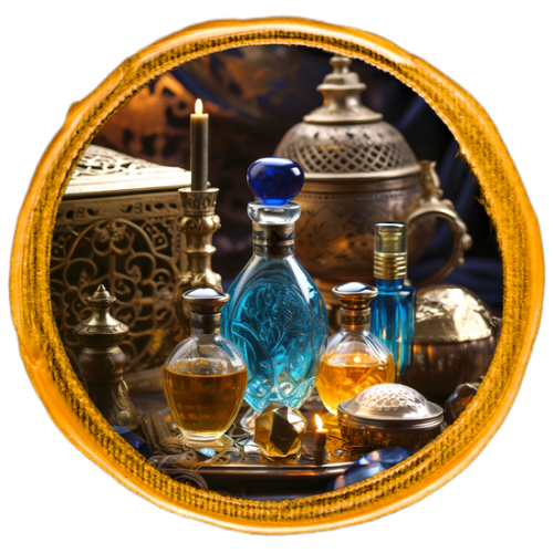 Ancient Arabic-style oriental attar bottles displayed elegantly.