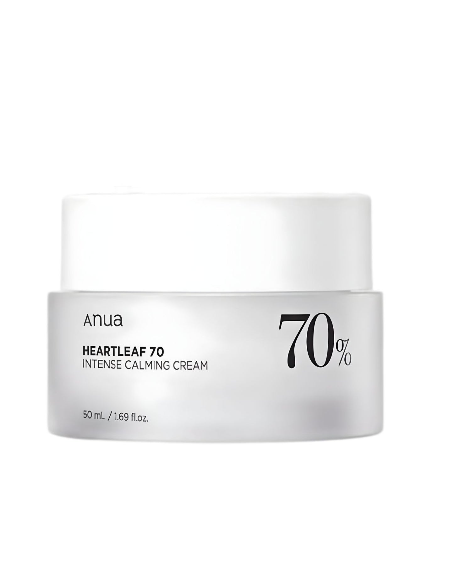 Anua Heartleaf 70 Intense Calming Cream in a white and frosted glass jar, showing '70%' prominently