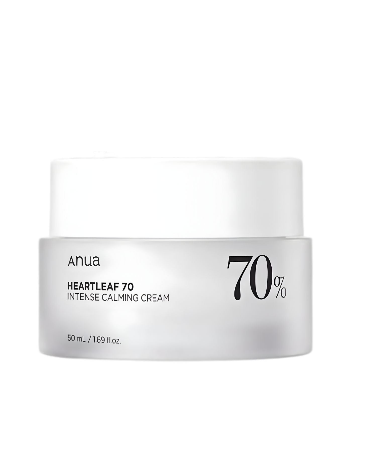 Anua Heartleaf 70 Intense Calming Cream in a white and frosted glass jar, showing '70%' prominently