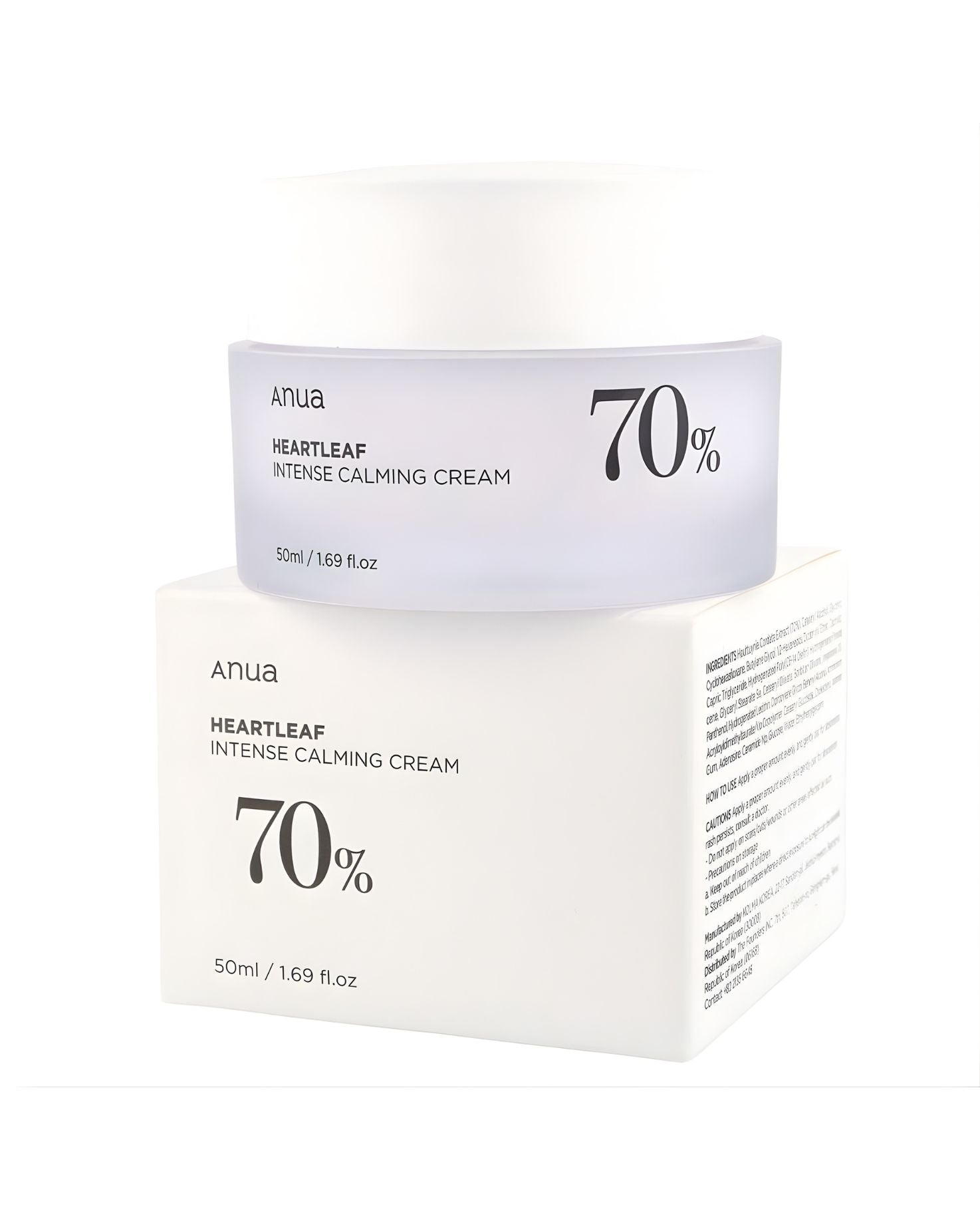 The Anua Heartleaf 70 Intense Calming Cream jar resting on its product box, with the ingredients list and cautions visible on the side of the box.