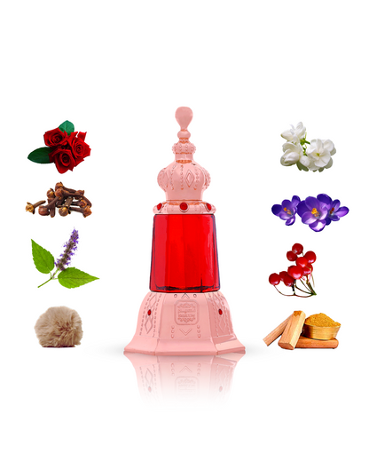 Areeq perfume bottle elegantly displayed, surrounded by its captivating ingredients of Jasmine, Cloves, Musk, and Sandalwood.