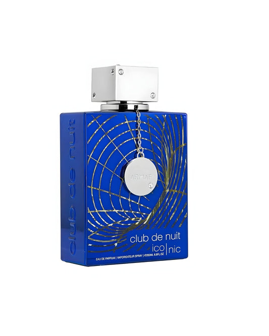 Blue and gold-accented Club de Nuit Iconic Edp by ARMAF, 200ml bottle with a silver cap and branded metal charm.