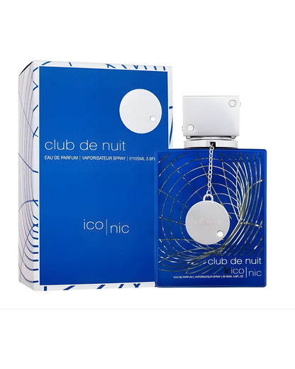 Armaf Club de Nuit Iconic Eau de Parfum, 105ml, shown with its matching blue and white patterned retail box. The bottle is blue with a gold web design and a silver cap.