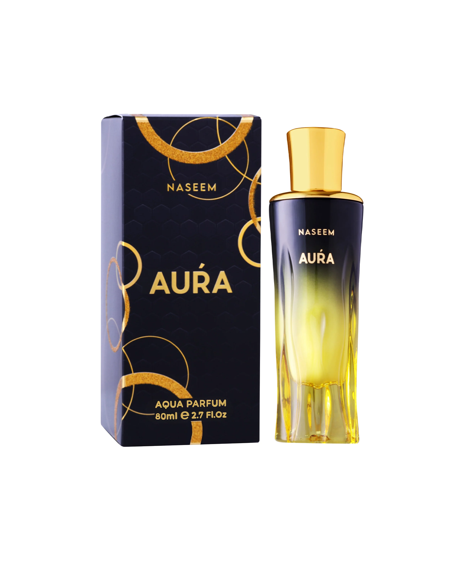 Aura Aqua Parfum bottle along with its box set against a white background.