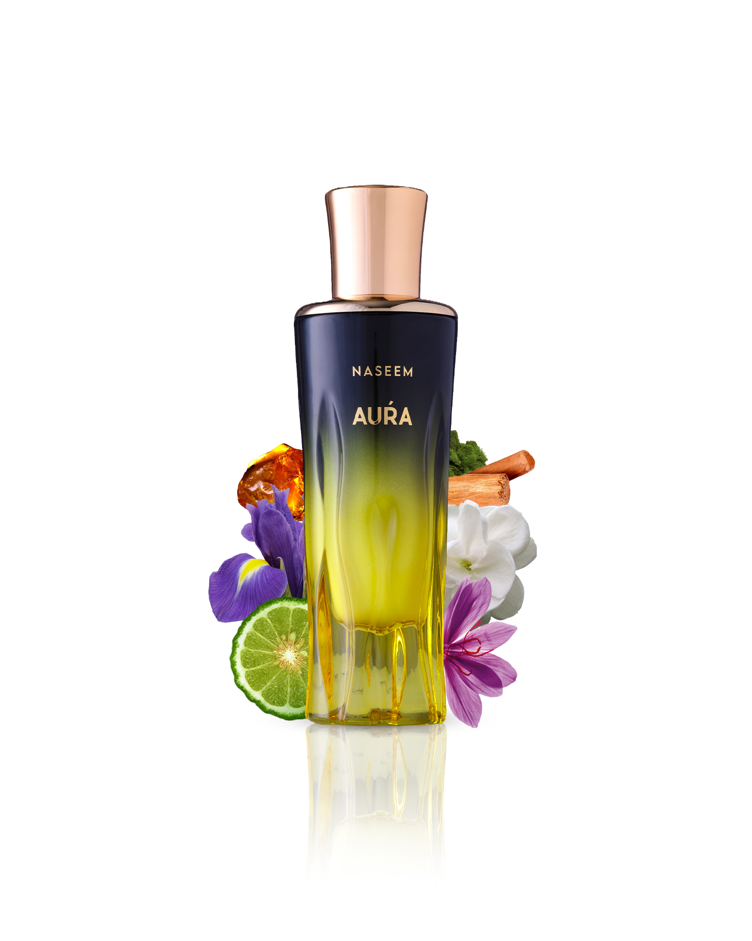 Aura Aqua Parfum bottle showcased amidst a luxurious mix of ingredients, including saffron, orris, moss, and amber.