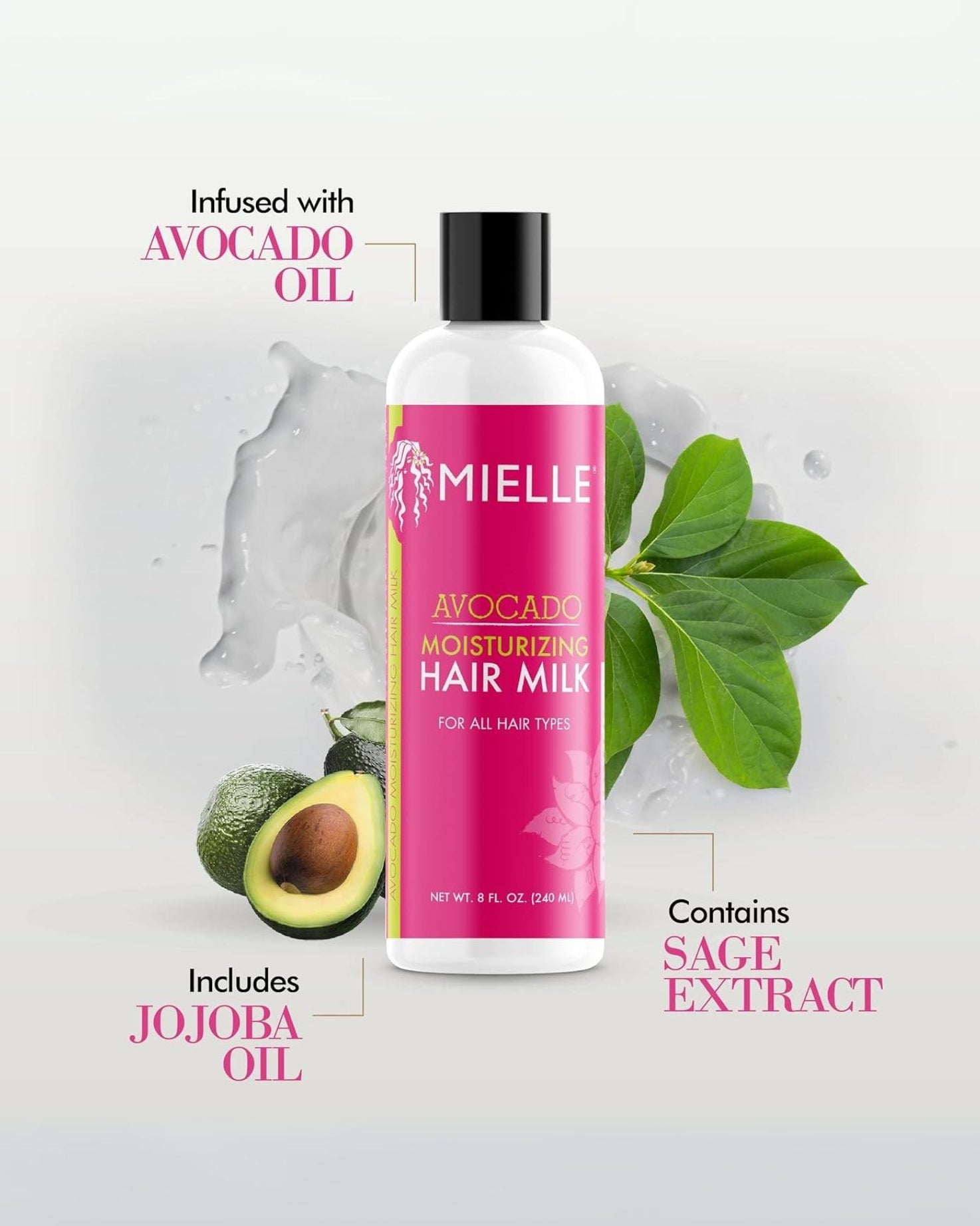 mielle Avocado Moisturizing Hair Milk bottle with ingredients