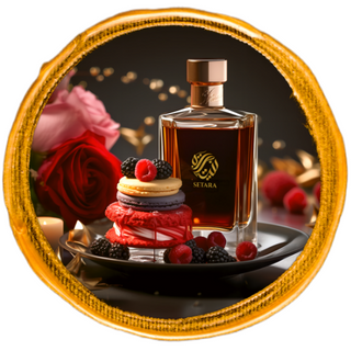 Bottle of gourmand-scented perfume showcased atop a plate of assorted desserts.