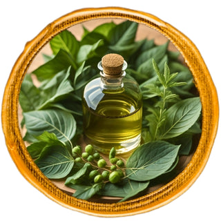Bottle of green-hued perfume accompanied by green leaves and assorted herbs.