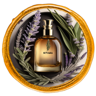Bottle of perfume placed on a black plate, adorned with lavender leaves.