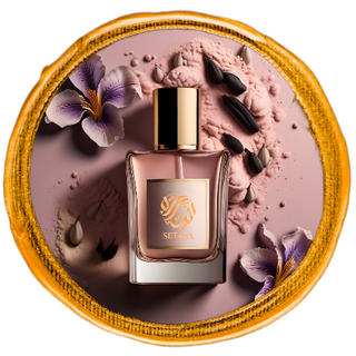 Bottle of perfume set against a pink powder background, accented by a saffron flower.