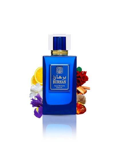 BURHAN Aqua Parfum bottle sorrounded by ingredients like rose, amber and jasmine.