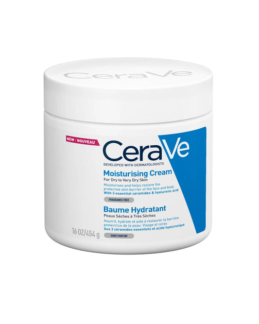 A white, large 16 oz or 454-gram tub of CeraVe Moisturising Cream for dry to very dry skin, formulated with 3 essential ceramides and hyaluronic acid.
