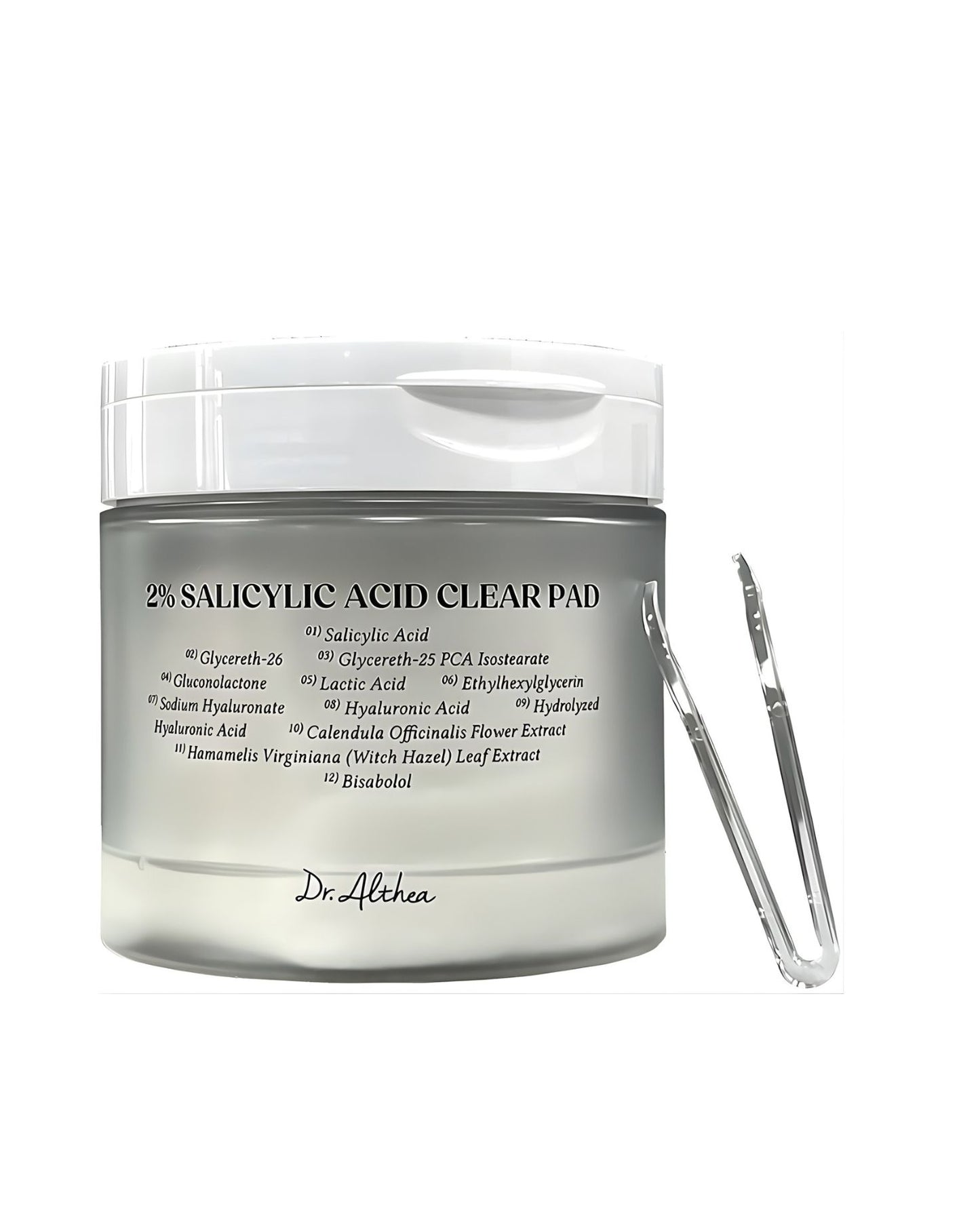 Dr. Althea 2% Salicylic Acid Clear Pad container with a list of key ingredients and a pair of silver plastic tongs resting against the jar.