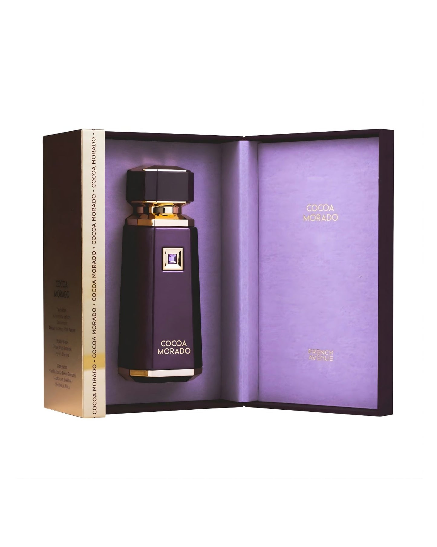 The french avenue Cocoa Morado Eau de Parfum set by French Avenue, showing the deep purple bottle with gold accents presented inside its open, hinged box. The interior of the box is lined with a light purple velvet fabric.