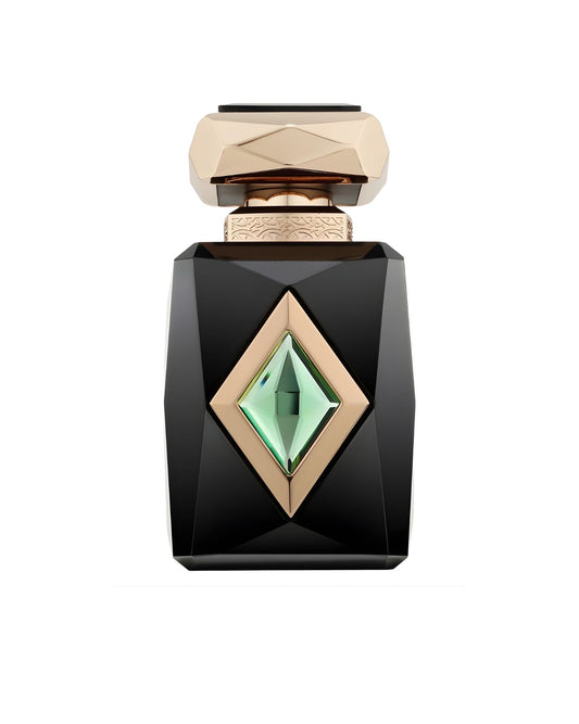 Luxury black geometric perfume bottle by French avenue iris patchouli ExDP with a gold-rimmed green gemstone emblem and ornate gold cap.