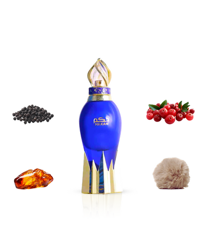 Hakam Perfume Bottle elegantly displayed, surrounded by its signature ingredients of Pepper, Amber, and Musk.