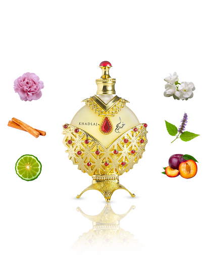 Hareem Al Sultan Gold perfume bottle showcased alongside key ingredients such as jasmine, peach, and patchouli.