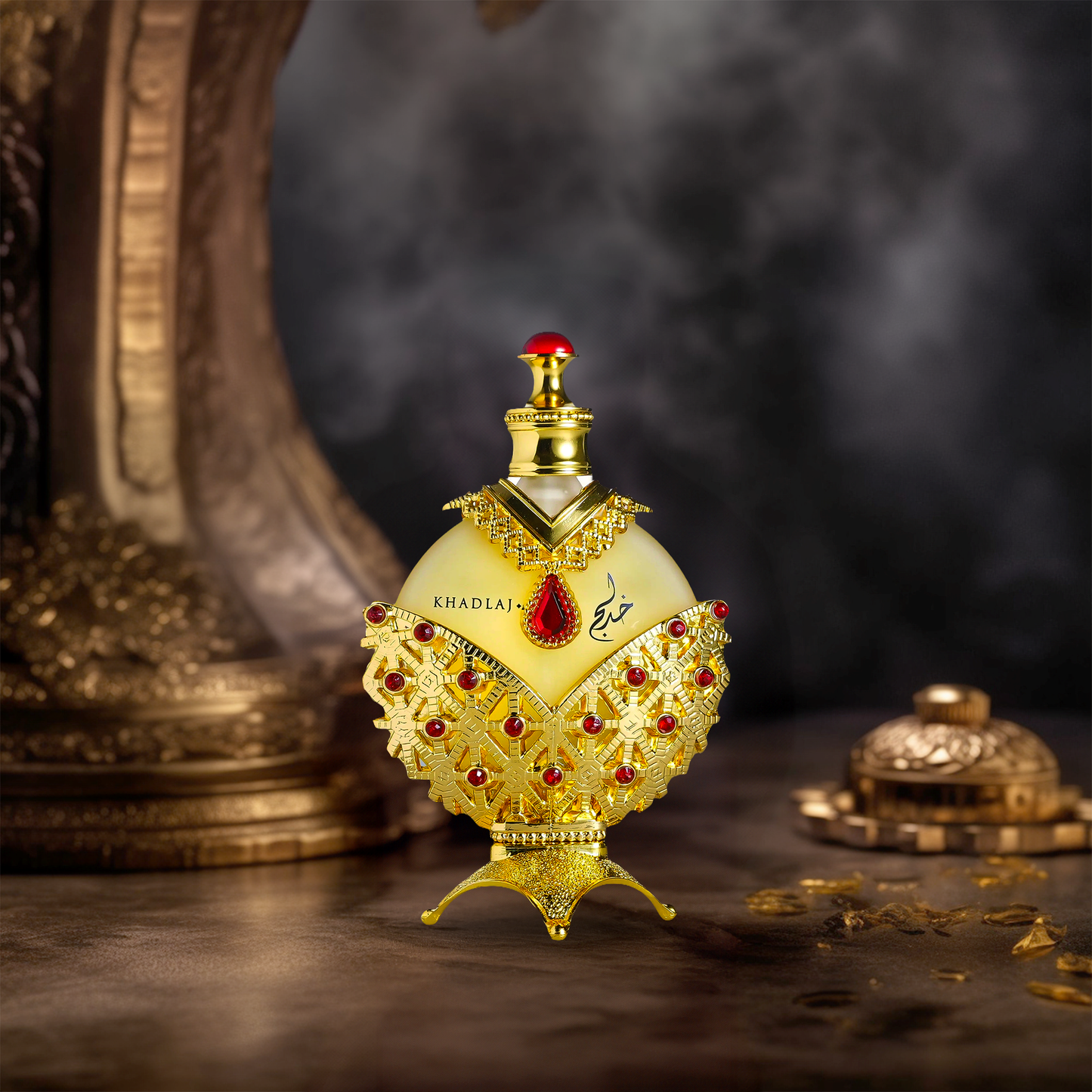 Hareem Al Sultan Gold perfume bottle with dark smoky background