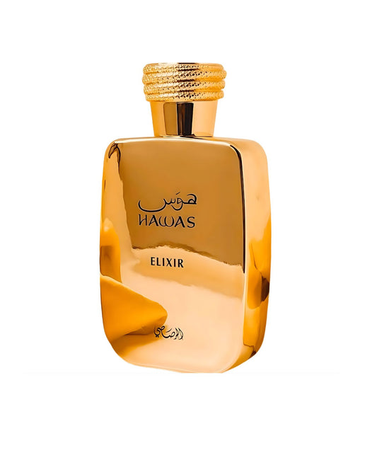 An isolated product shot of the shiny, reflective gold perfume bottle for Rasasi Hawas Elixir EDP featuring a gold-braided cap and white background.