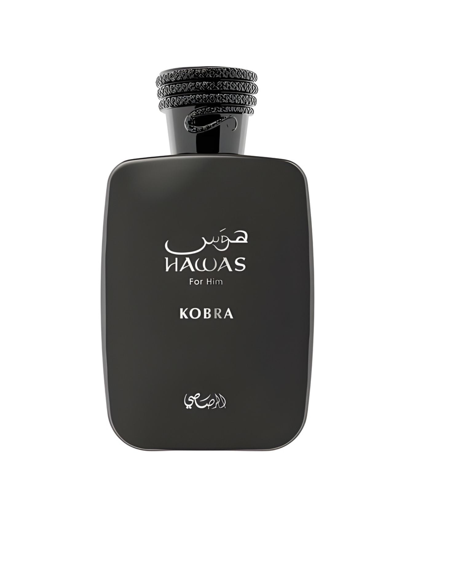 A rectangular, glossy black cologne bottle. The label says HAWAS For Him KOBRA EDP in white text. The black cap has a detailed, textured, coiled snake design.