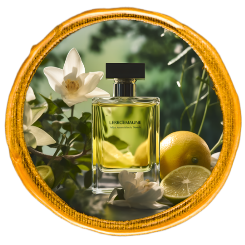 Hesperidic-scented perfume bottle accompanied by lemons and white blossoms.