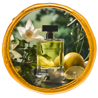 Hesperidic-scented perfume bottle accompanied by lemons and white blossoms.