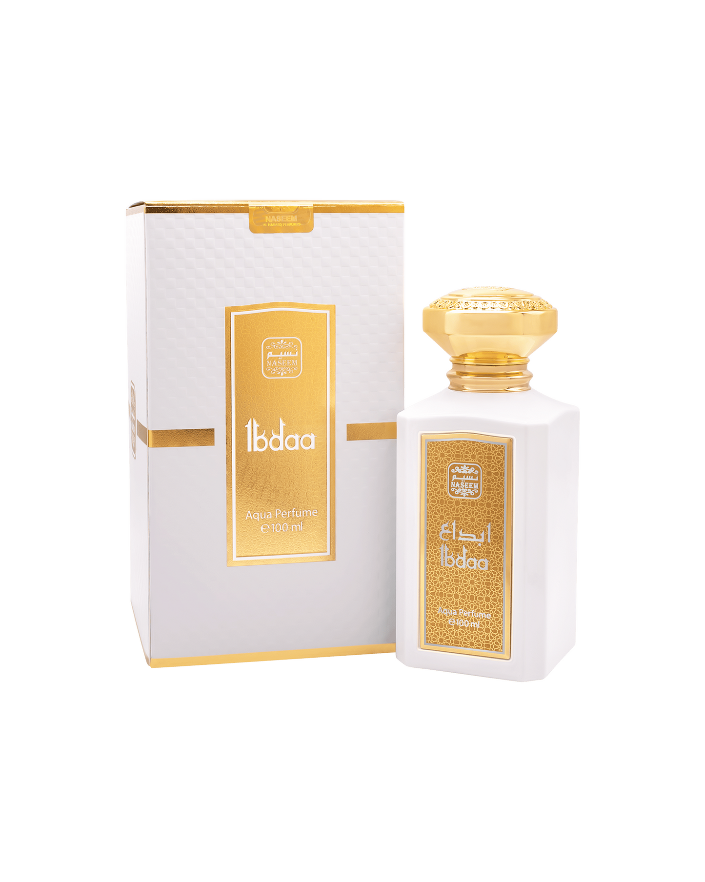 Ibdaa perfume bottle along with its box set against a white background.