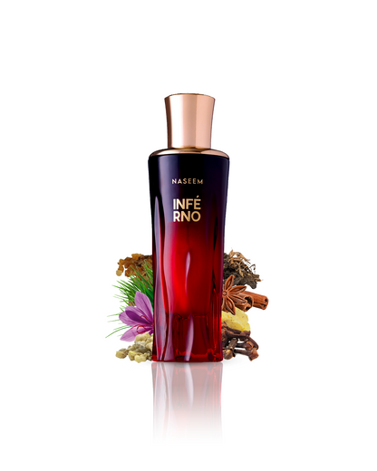 Inferno perfume bottle elegantly displayed, surrounded by a rich blend of ingredients including clove, saffron, frankincense, elemi, Cypriol, and Gurjum.