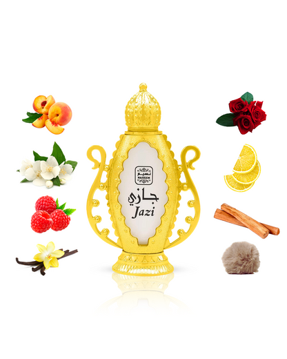 Jazi perfume bottle beautifully showcased, enveloped by its exquisite ingredients of Rose, Jasmine, Musk, and Vanilla.