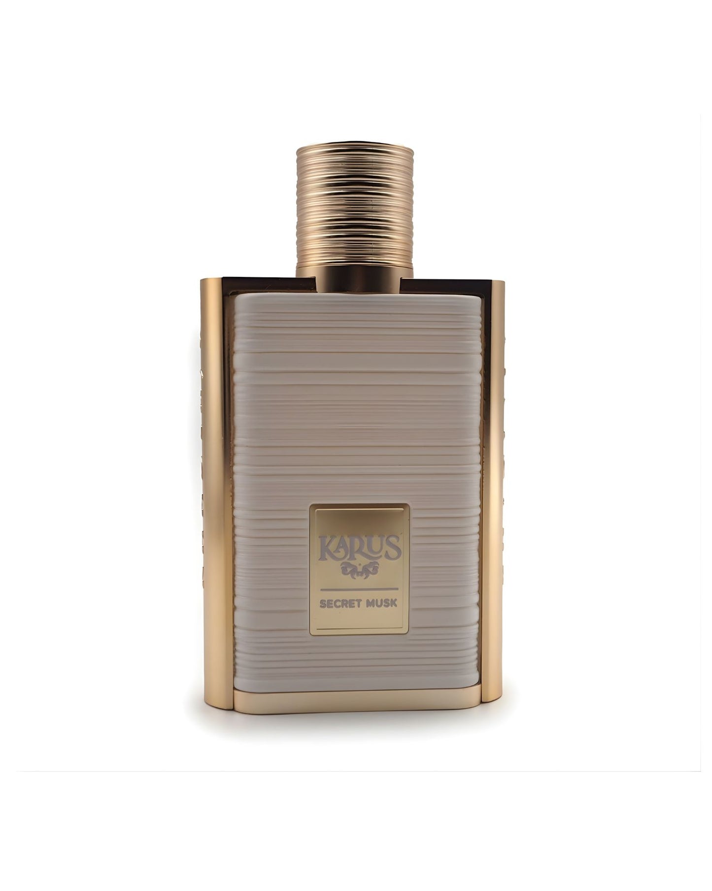 A sophisticated rectangular perfume bottle labeled "khadlaj Karus Secret Musk," featuring a gold metallic frame, a gold ridged cap, and a central panel in textured beige or off-white, isolated against a white background.
