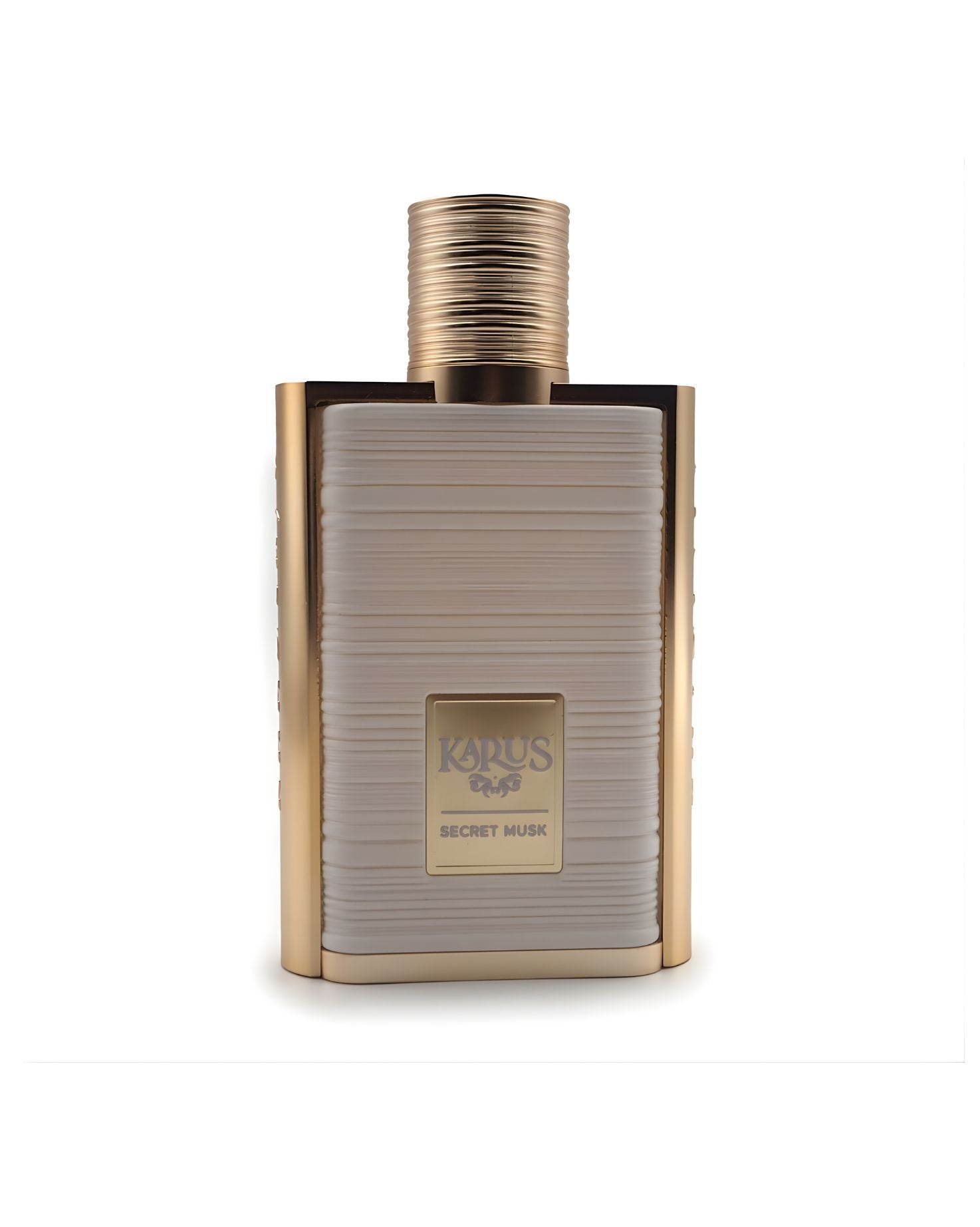 A sophisticated rectangular perfume bottle labeled "khadlaj Karus Secret Musk," featuring a gold metallic frame, a gold ridged cap, and a central panel in textured beige or off-white, isolated against a white background.