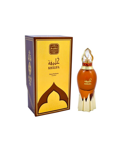 Khalifa perfume bottle along with its box set against a white background