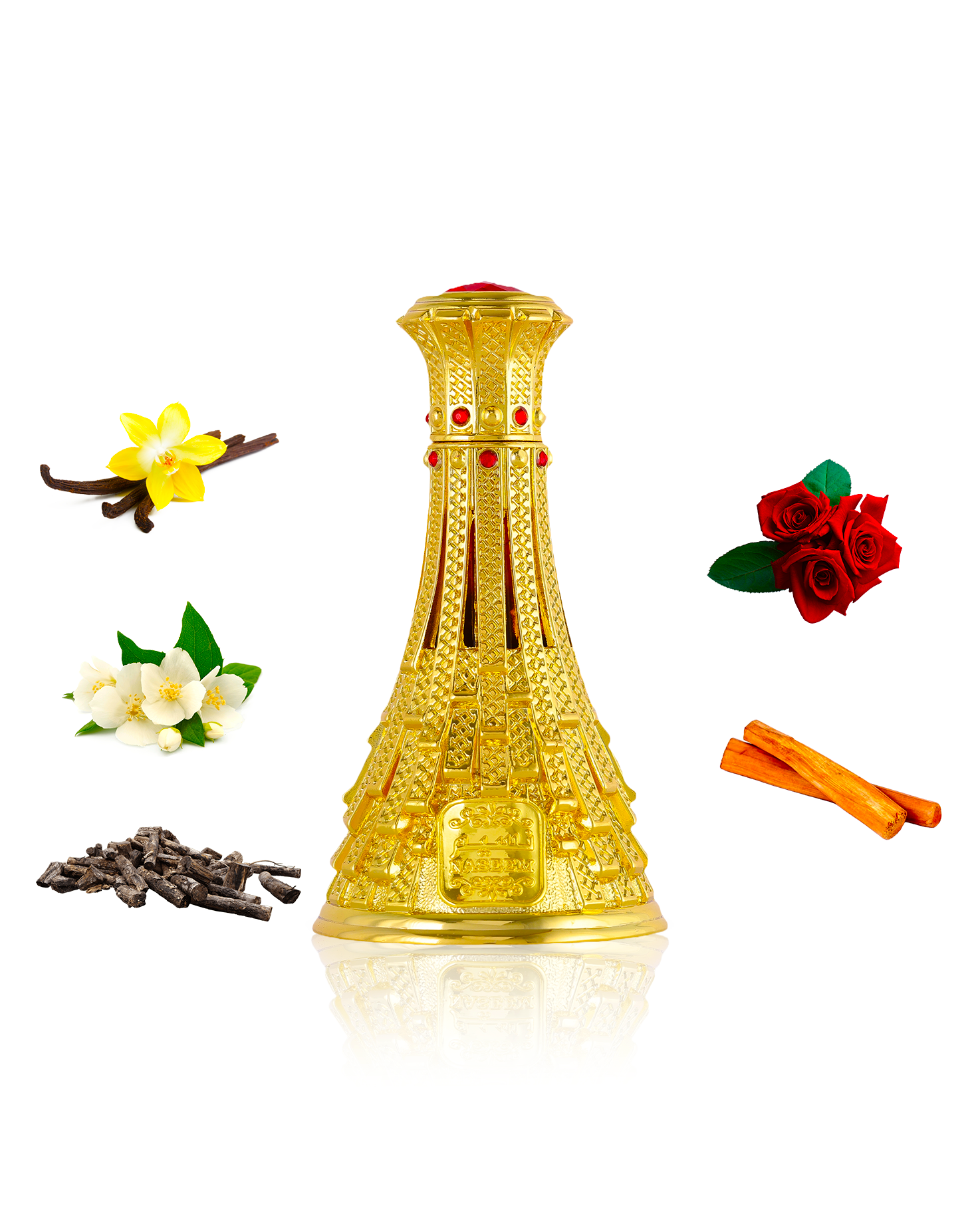 Khalifa perfume bottle elegantly displayed, surrounded by its signature ingredients of Rose, Jasmine, Sandalwood, and Vanilla.