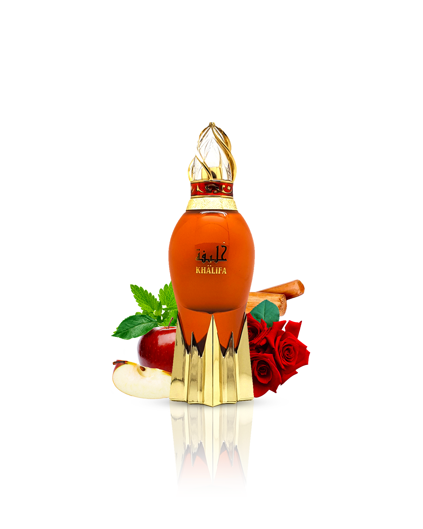 Khalifa perfume bottle elegantly displayed, surrounded by its signature notes of apple, rose, sandalwood, and patchouli.