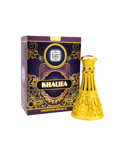 Khalifa perfume oil bottle and accompanying box displayed against a white background.