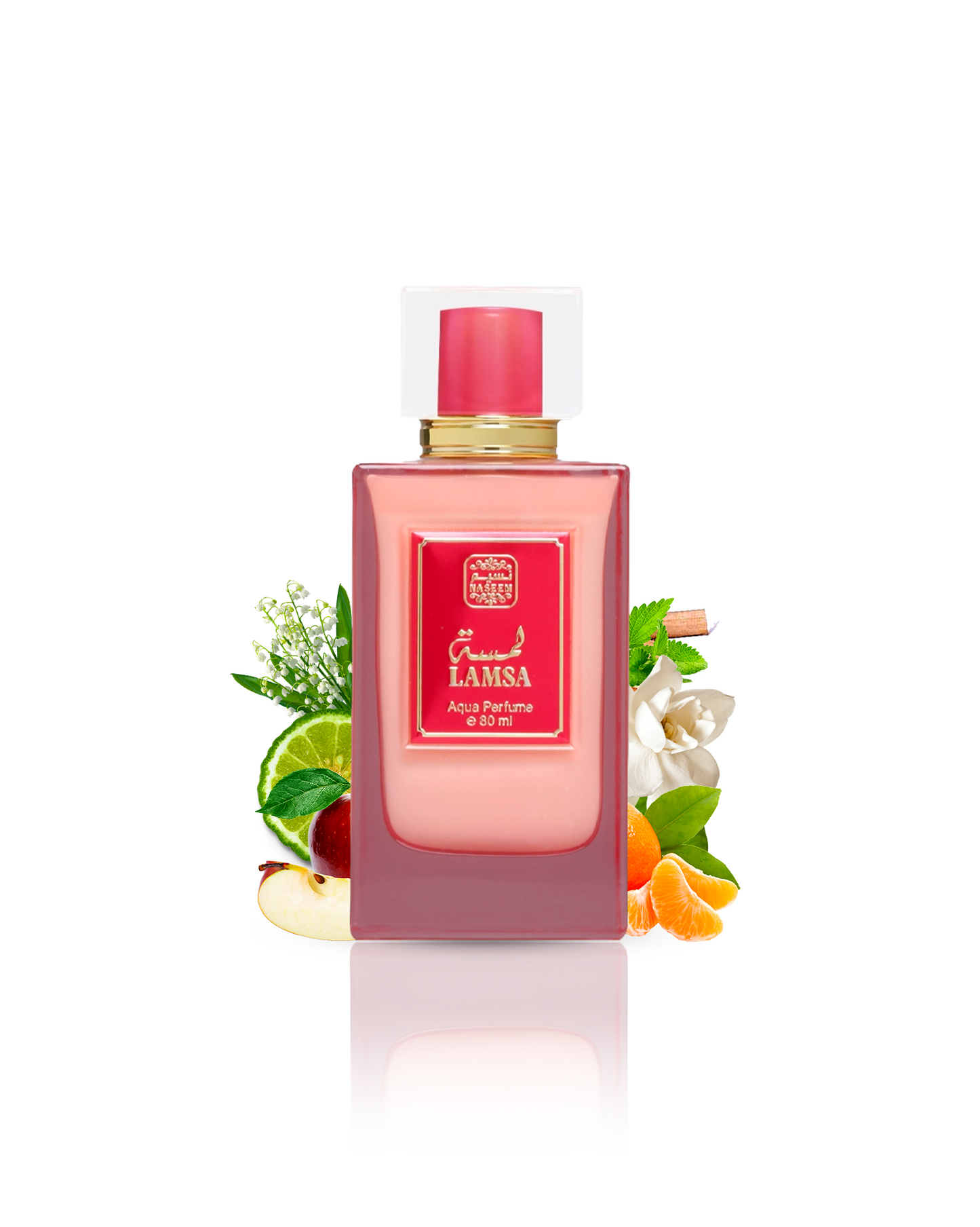 Lamsa perfume bottle encircled by the essence of citrus, sandalwood, and assorted fruits.