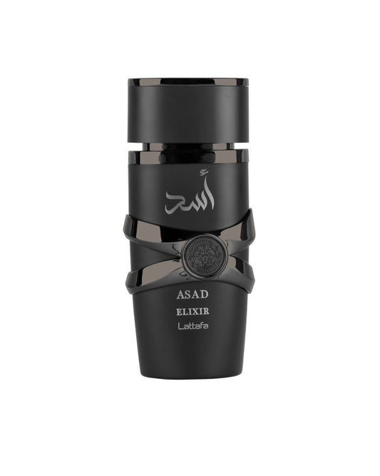 A close-up shot of the Lattafa Asad Elixir EDP fragrance bottle. It is matte black with a shiny black cap and features a glossy black, crossed-ribbon design around the middle, secured by an emblem. The text "ASAD ELIXIR Lattafa" is clearly visible in silver lettering.