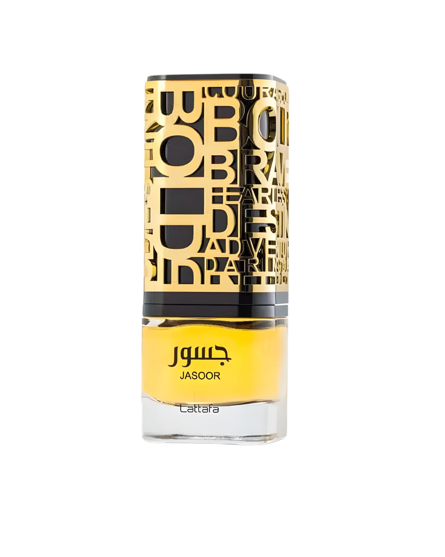 A bottle of Lattafa Jasoor perfume. The glass bottle contains a yellow liquid and has a distinctive black and gold cap with cutouts of stylized English words like 'BOLD' and 'BRAVE'.