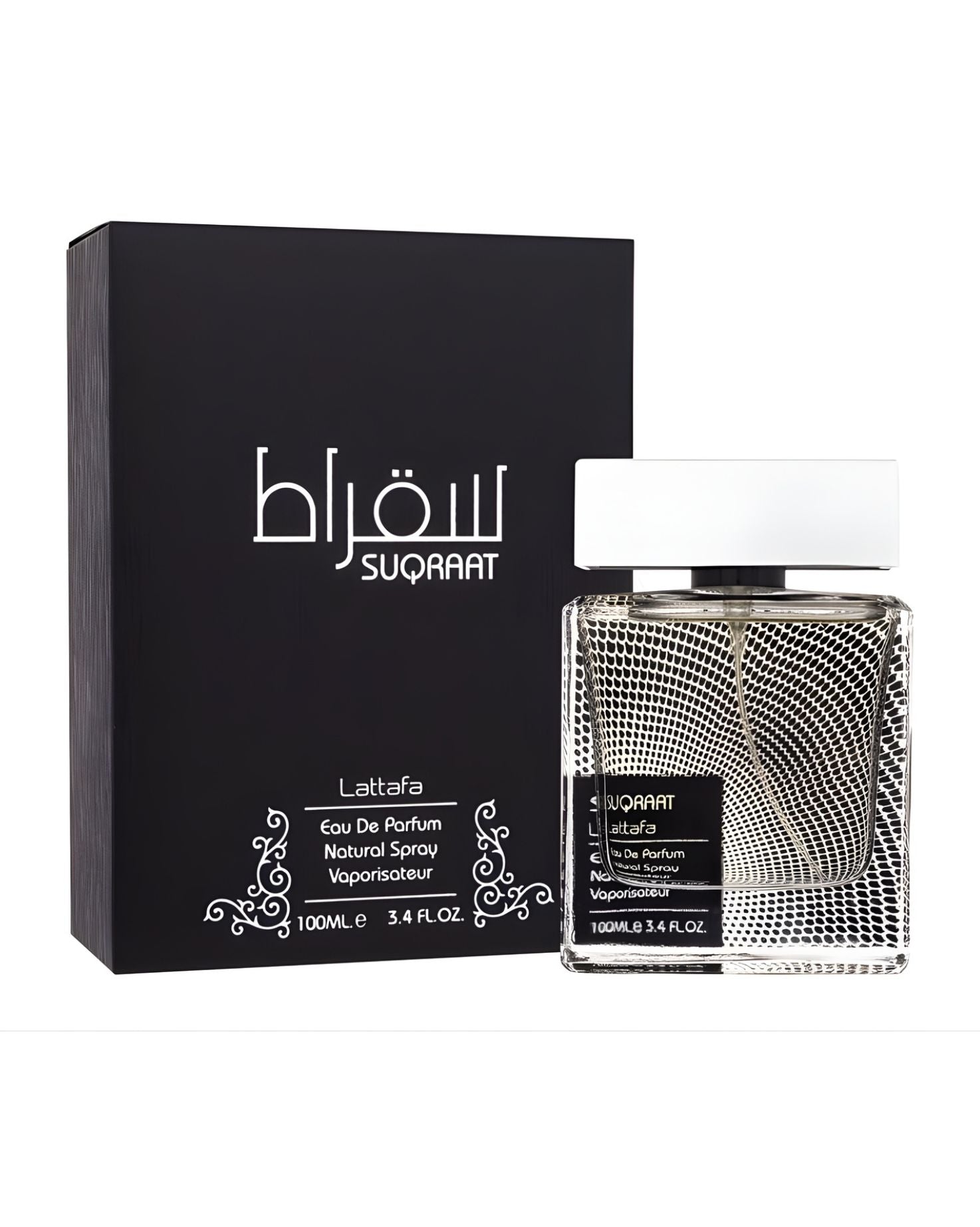 The Lattafa Suqraat perfume bottle next to its black box. Both feature the perfume's name in English and Arabic.