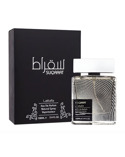 The Lattafa Suqraat perfume bottle next to its black box. Both feature the perfume's name in English and Arabic.