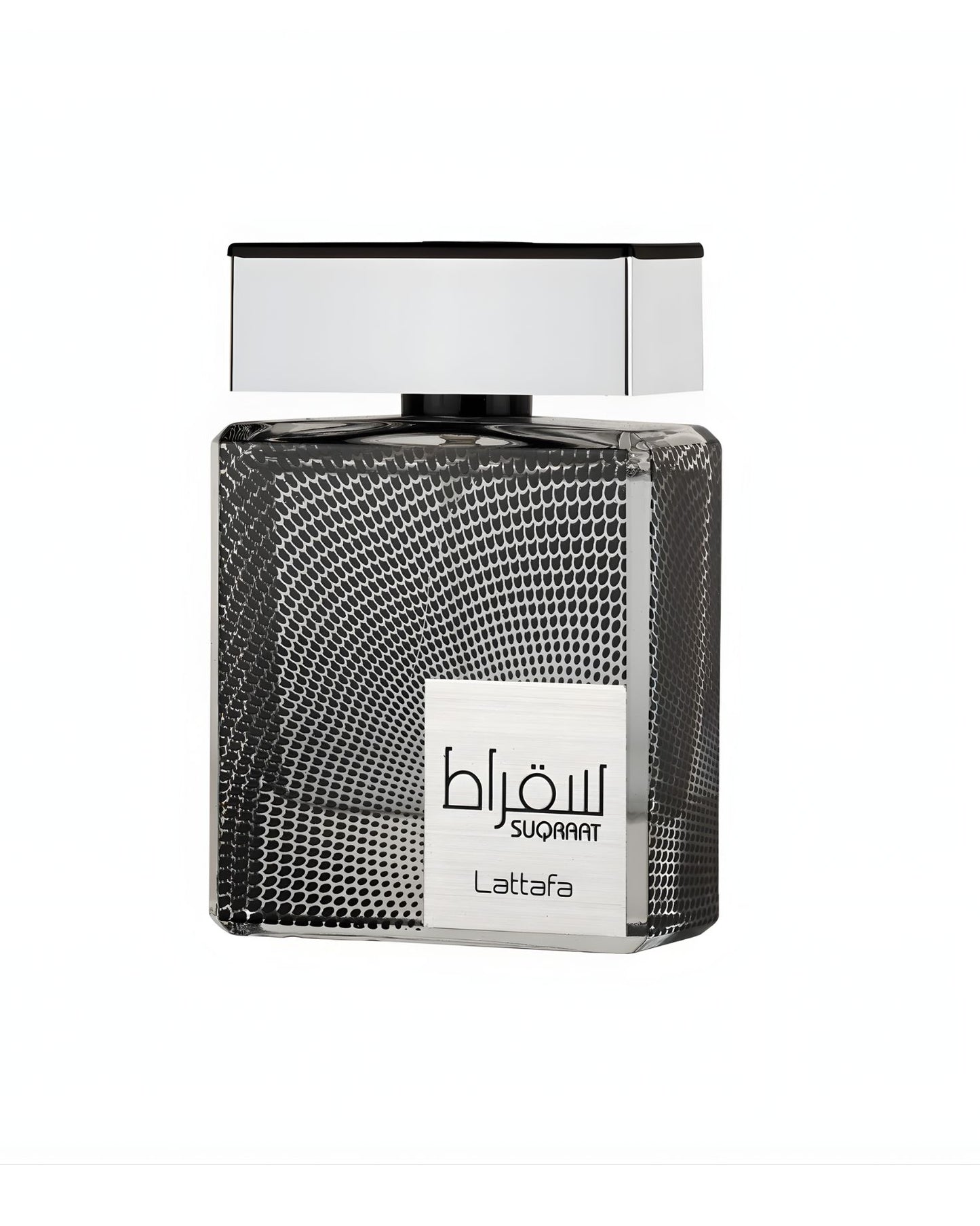A square bottle of Lattafa Suqraat perfume with a silver cap and a black and white textured, dotted pattern on the glass.