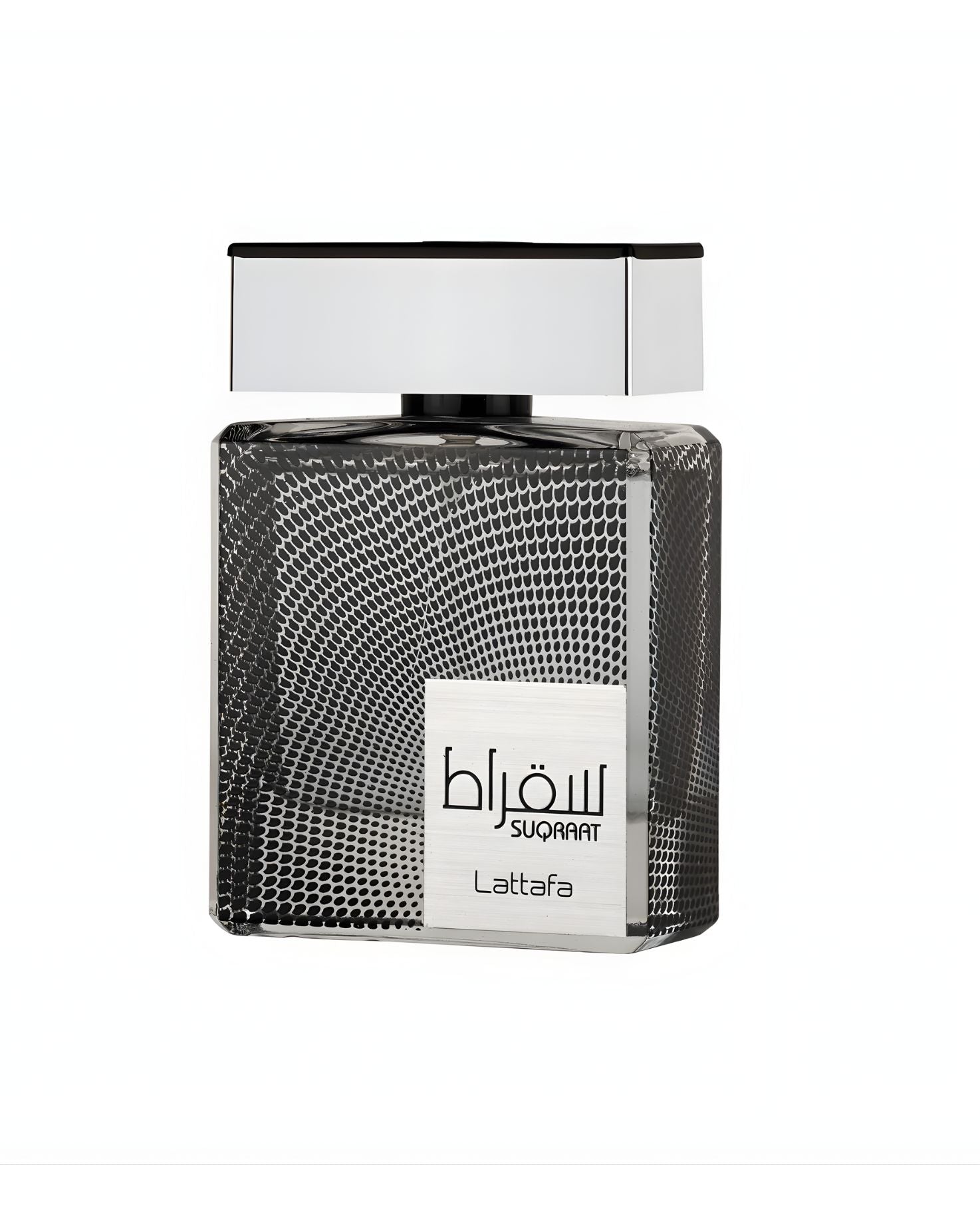 A square bottle of Lattafa Suqraat perfume with a silver cap and a black and white textured, dotted pattern on the glass.