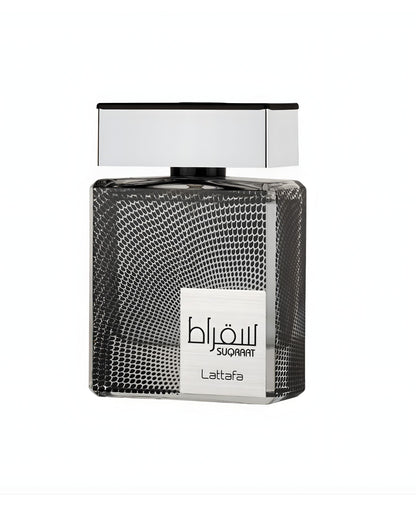A square bottle of Lattafa Suqraat perfume with a silver cap and a black and white textured, dotted pattern on the glass.