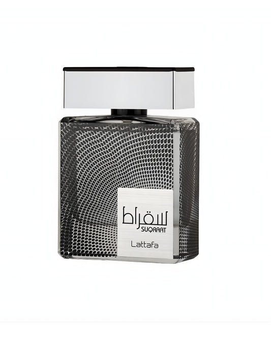 A square bottle of Lattafa Suqraat perfume with a silver cap and a black and white textured, dotted pattern on the glass.