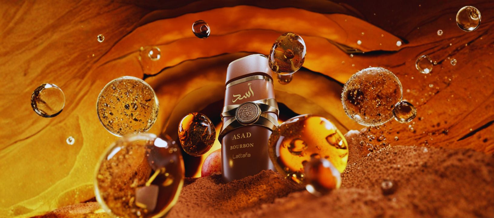 Lattafa asad bourbon Edp background cacoo and water drop arabic perfume.